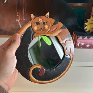 Handcrafted 8" Cat Design Decorative Wall Mirror Indonesia